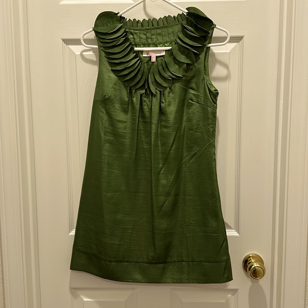 Green mini dress with leaf style detail neckline